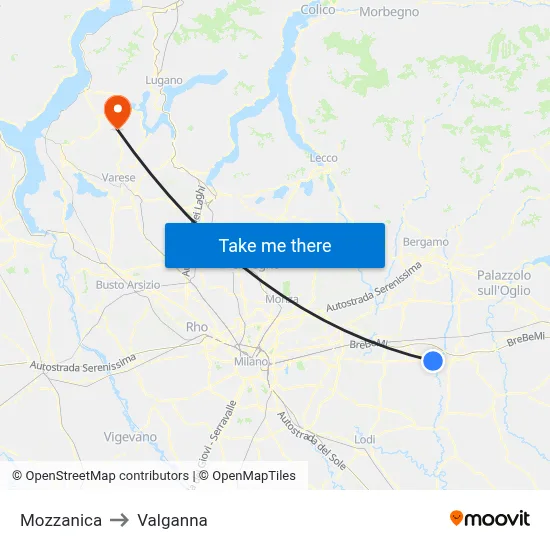 Mozzanica to Valganna map