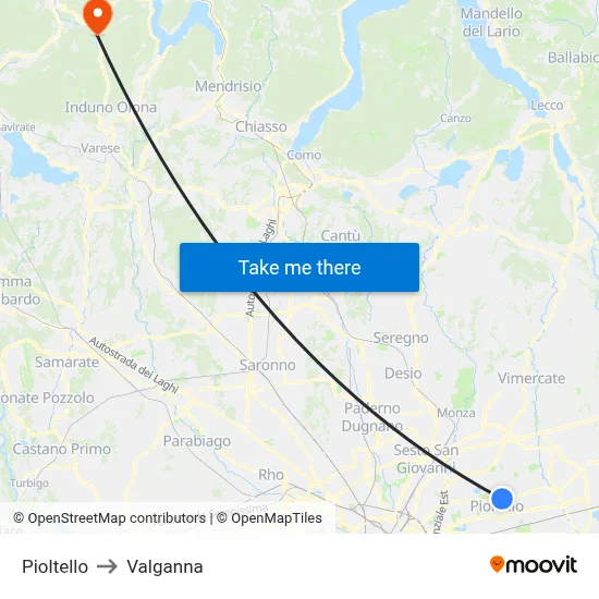 Pioltello to Valganna map