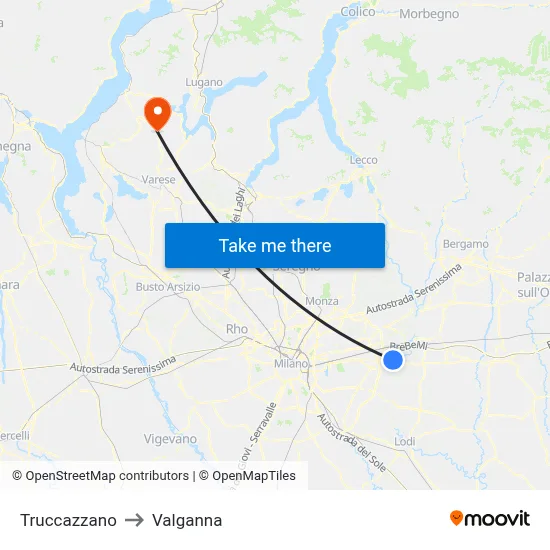Truccazzano to Valganna map