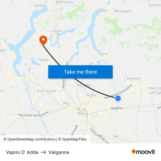 Vaprio d'Adda to Valganna map