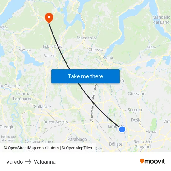 Varedo to Valganna map