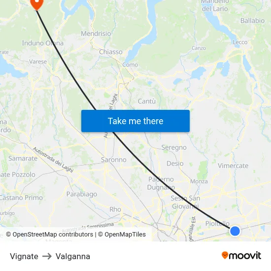 Vignate to Valganna map