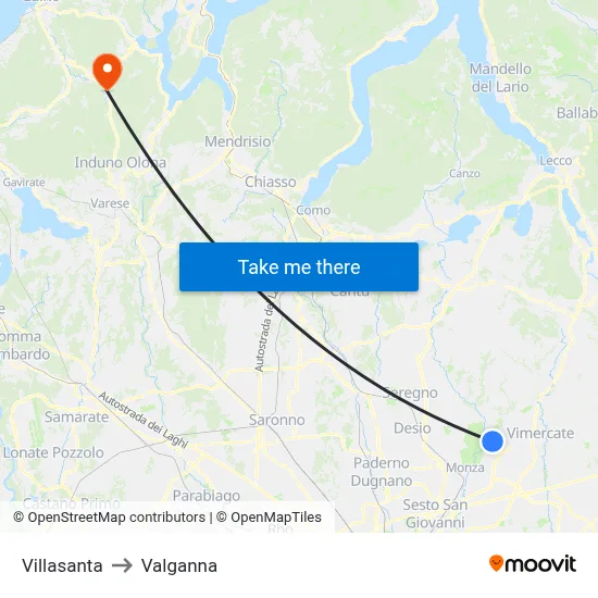 Villasanta to Valganna map