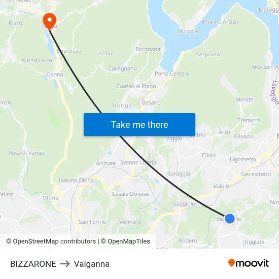 Bizzarone to Valganna map