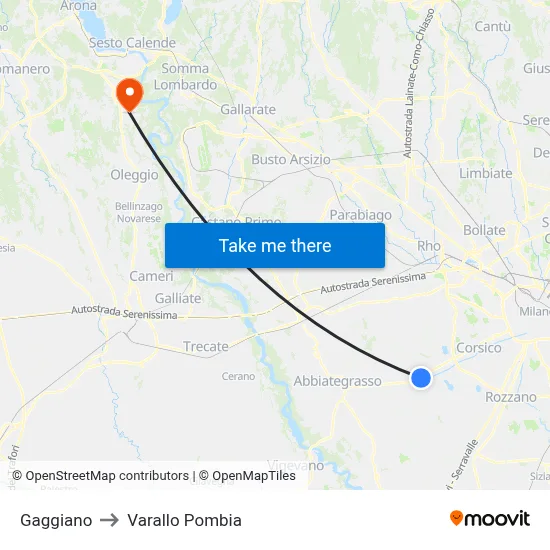 Gaggiano to Varallo Pombia map