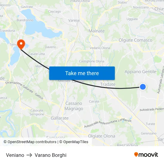 Veniano to Varano Borghi map