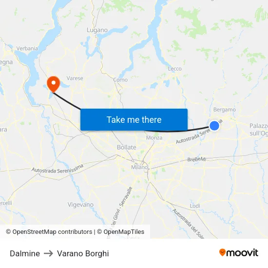 Dalmine to Varano Borghi map