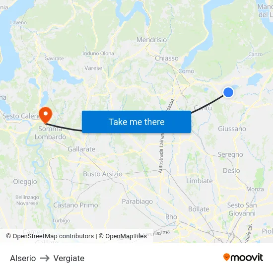 Alserio to Vergiate map