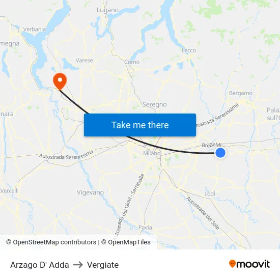 Arzago d'Adda to Vergiate map