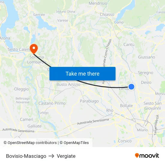 Bovisio-Masciago to Vergiate map