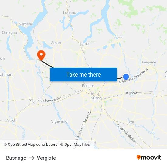 Busnago to Vergiate map