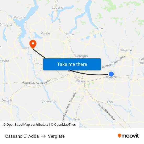 Cassano D' Adda to Vergiate map