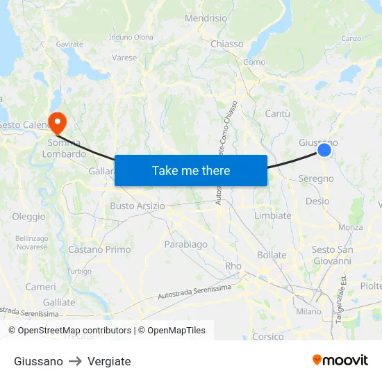 Giussano to Vergiate map