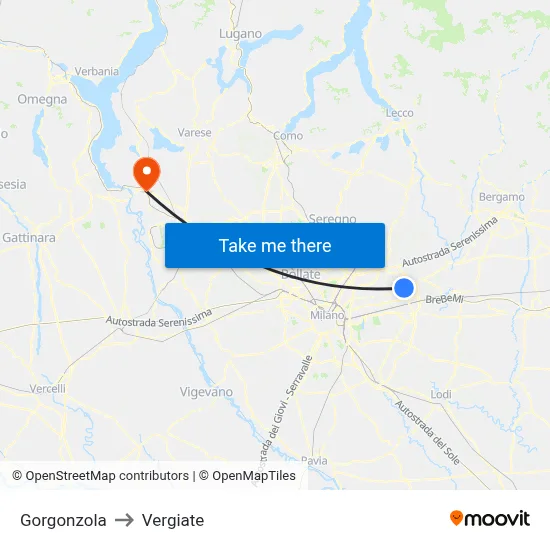 Gorgonzola to Vergiate map