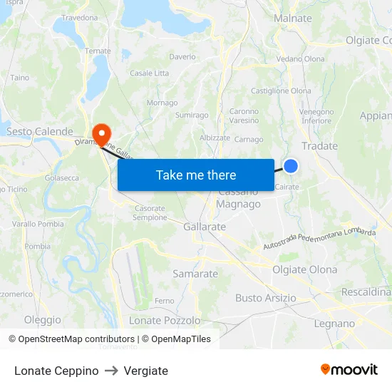 Lonate Ceppino to Vergiate map