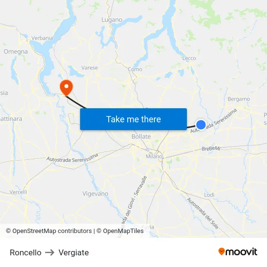 Roncello to Vergiate map