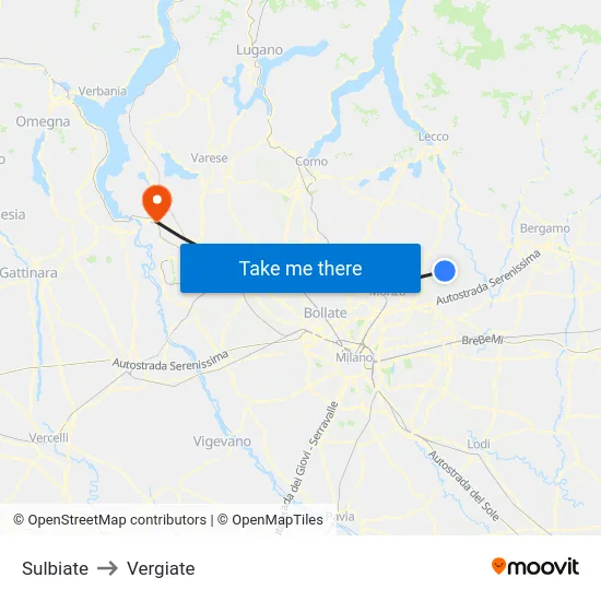 Sulbiate to Vergiate map