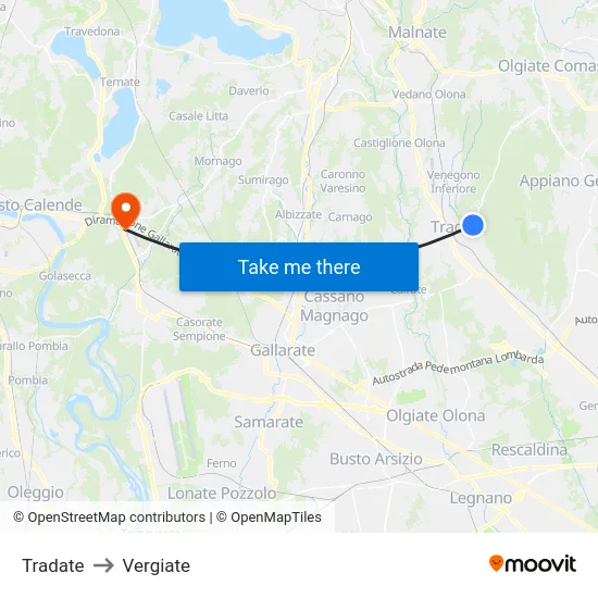Tradate to Vergiate map