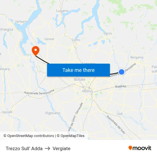 Trezzo Sull' Adda to Vergiate map