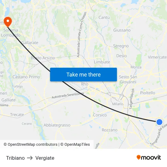 Tribiano to Vergiate map