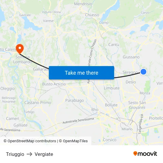 Triuggio to Vergiate map