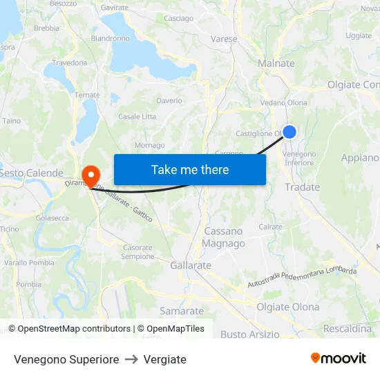 Venegono Superiore to Vergiate map