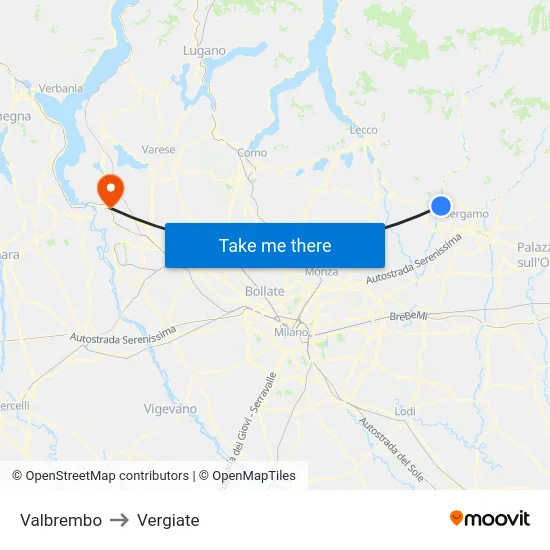 Valbrembo to Vergiate map