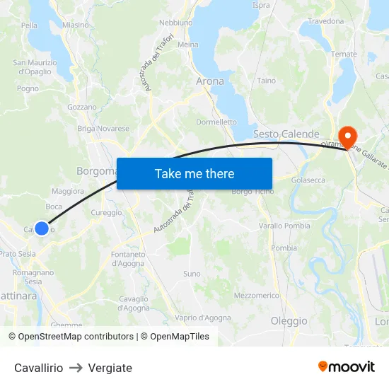 Cavallirio to Vergiate map