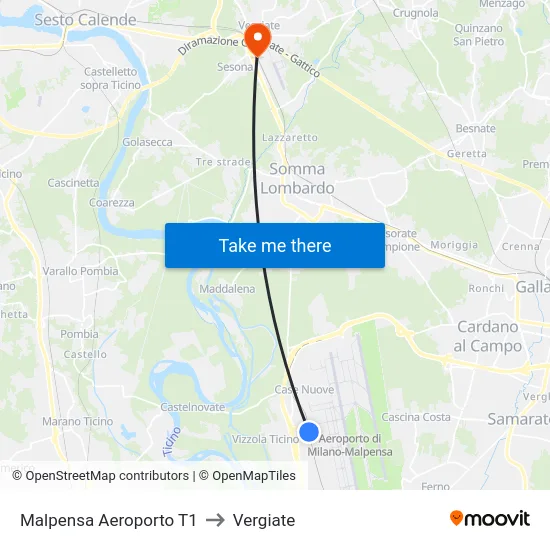 Malpensa Aeroporto T1 to Vergiate map