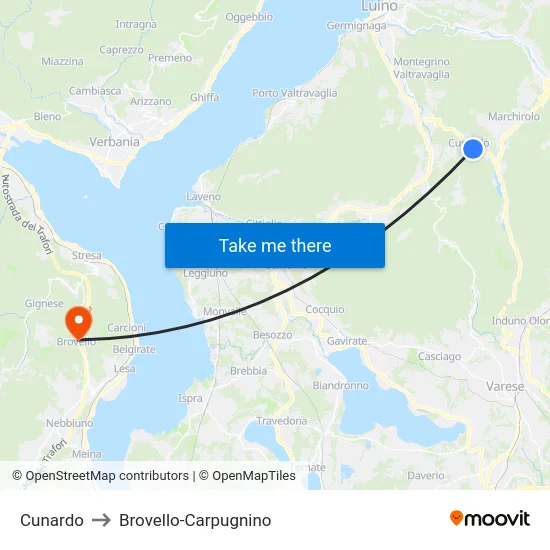 Cunardo to Brovello-Carpugnino map