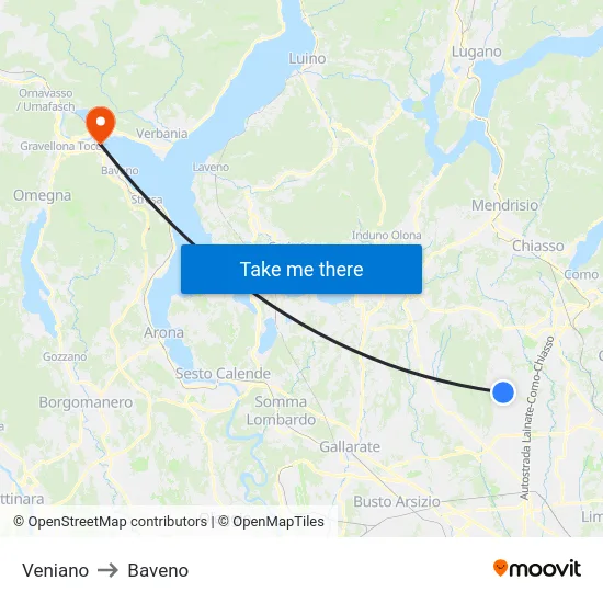 Veniano to Baveno map