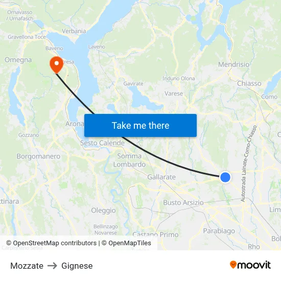Mozzate to Gignese map
