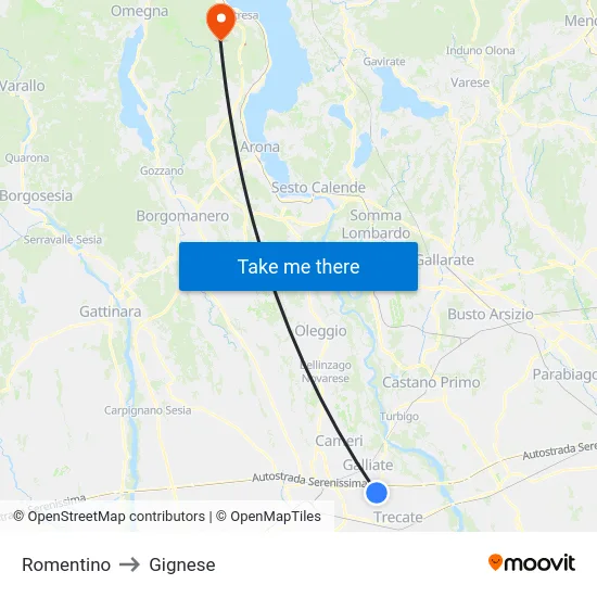 Romentino to Gignese map