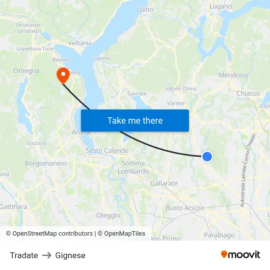 Tradate to Gignese map