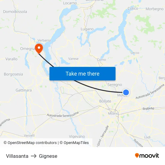 Villasanta to Gignese map