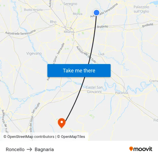 Roncello to Bagnaria map