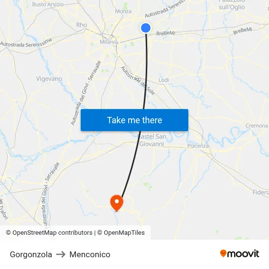 Gorgonzola to Menconico map