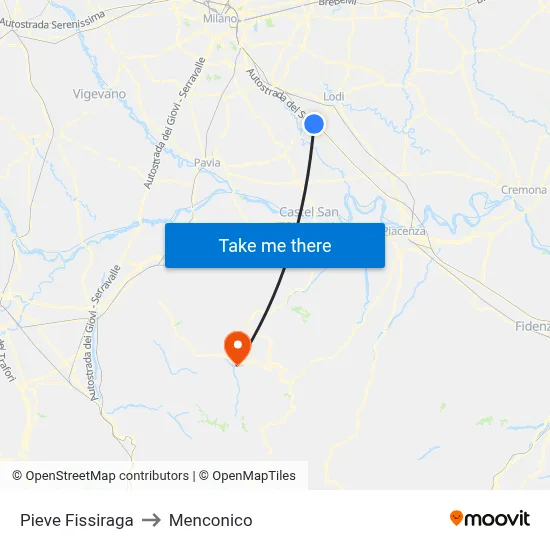Pieve Fissiraga to Menconico map