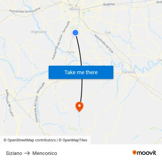 Siziano to Menconico map