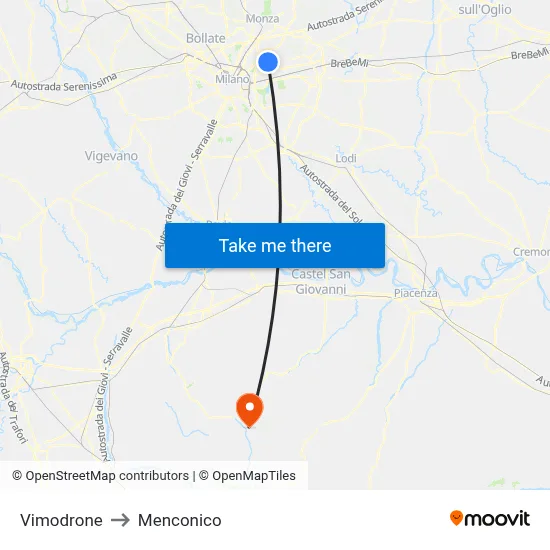 Vimodrone to Menconico map