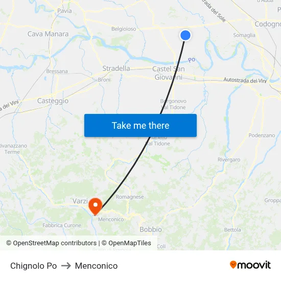 Chignolo Po to Menconico map