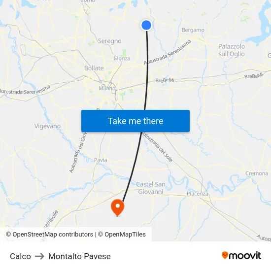 Calco to Montalto Pavese map