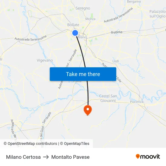 Milano Certosa to Montalto Pavese map