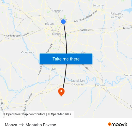 Monza to Montalto Pavese map