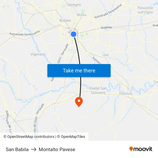 San Babila to Montalto Pavese map