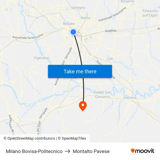Milano Bovisa-Politecnico to Montalto Pavese map