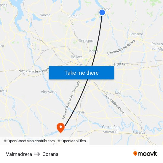 Valmadrera to Corana map