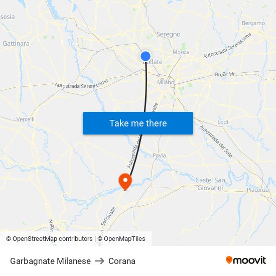 Garbagnate Milanese to Corana map