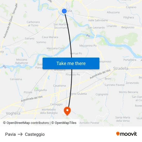 Pavia to Casteggio map