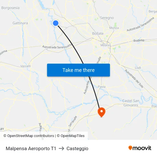 Malpensa Aeroporto T1 to Casteggio map